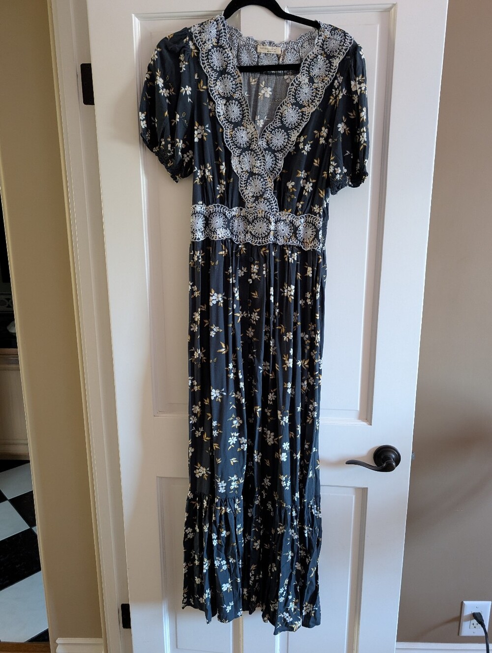 Women's Blue Floral Midi Dress with Lace Trim
